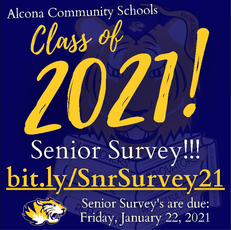 Attention Class of 2021: Senior Surveys are now available! Your senior survey is where you will submit your yearbook information, senior picture, baby picture, vote on senior superlatives, and more. Please complete your senior survey at: bit.ly/SnrSurvey21