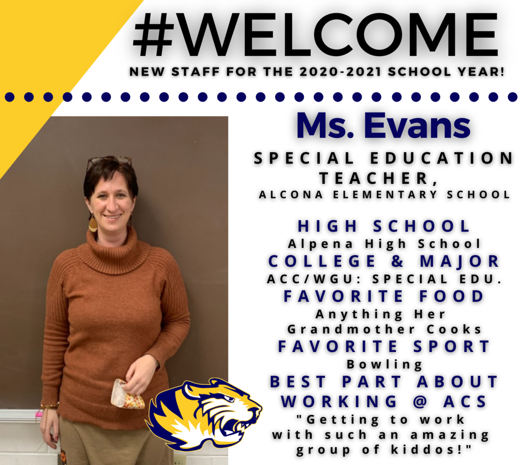 Today’s new team member highlight is Ms. Evans, ACS K-5 Special Education Teacher. #Welcome #TigerPride #GoTigers