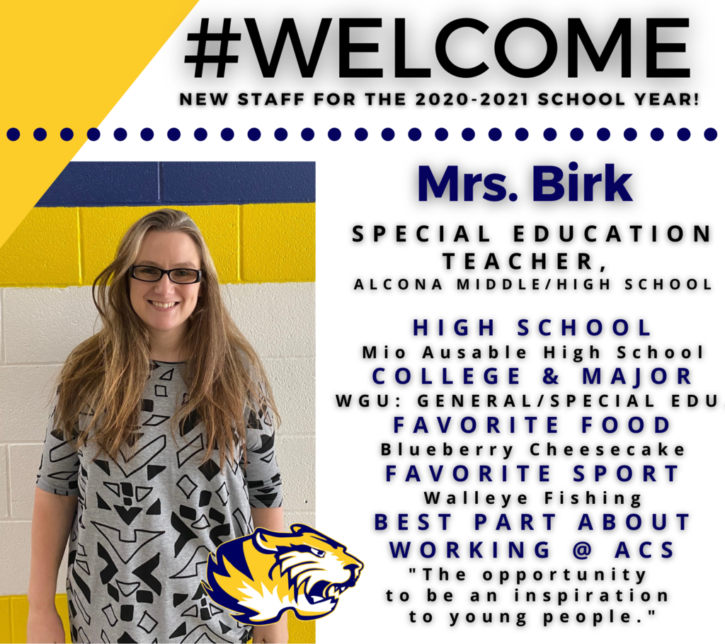 Today’s new team member highlight is Mrs. Birk, ACS 6-12 Special Education Teacher. #Welcome #TigerPride #GoTigers