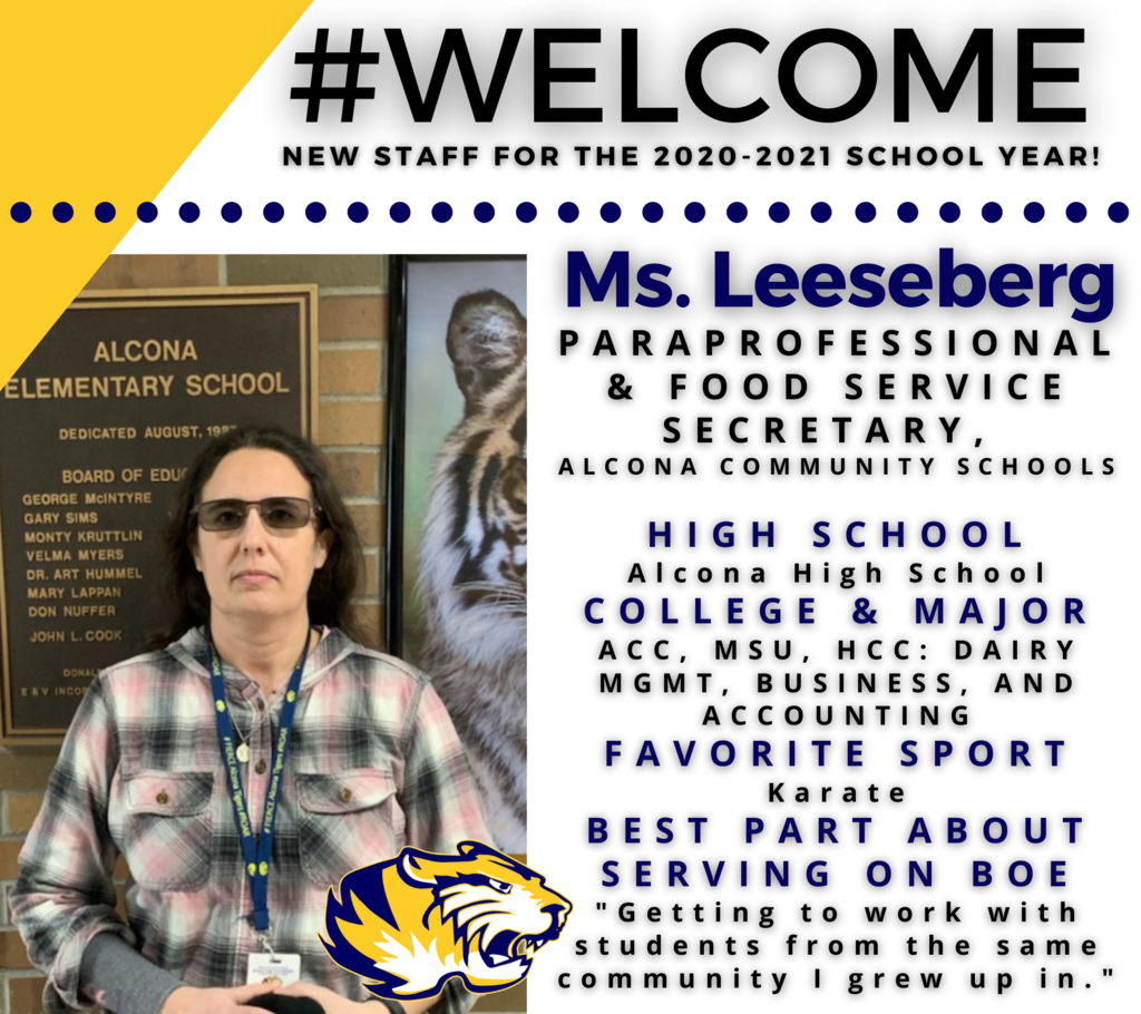 Today’s new team member highlight is Ms. Leeseberg, ACS Instructional Paraprofessional and Food Service Secretary. Ms. Leeseberg is also a proud graduate of Alcona High School! #WelcomeBack #TigerPride #GoTigers #AlconaAlumni