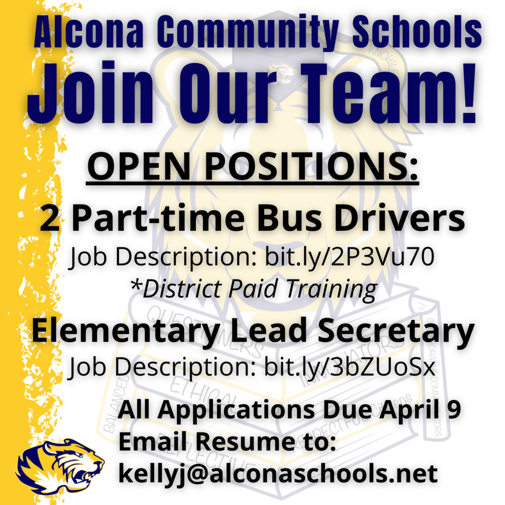 4-2-2021 Thrillshare: Facebook, Livefeed: Done @ 9:00am ACS is hiring! Join our Team! We currently have 2 Part-time Bus Driver positions and an Elementary Lead Secretary position open. Applications are due tomorrow! Send resume to kellyj@alconaschools.net by April 9th. Bus Driver job description: bit.ly/2P3Vu70; Elementary Lead Secretary job description: bit.ly/3bZUoSx