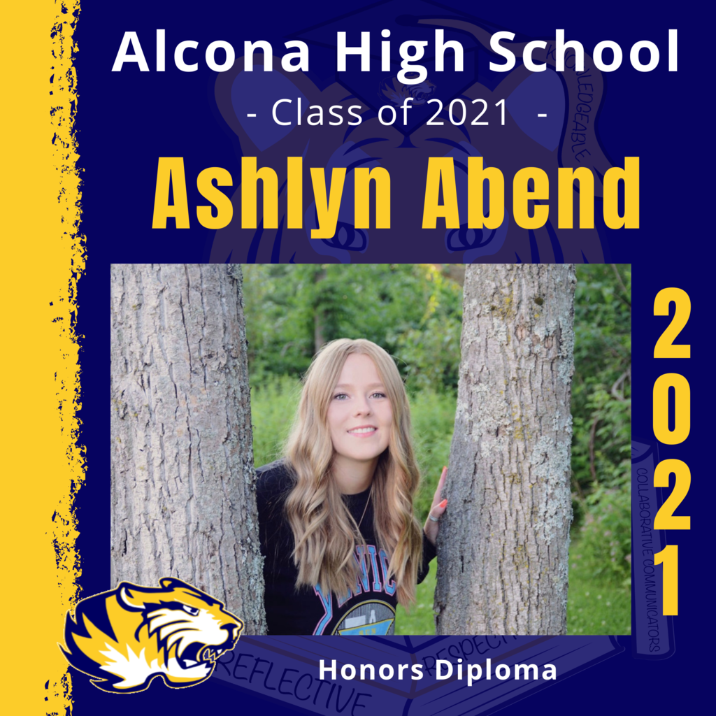 Alcona Community Schools is participating in the Michigan College Access Network’s 2021 Decision Day campaign! We will be honoring all 50 graduating seniors in the class of 2021 by showcasing a different student everyday - starting today until May 27th! On May 28th we will hold a virtual Decision Day celebration before Graduation to recognize all our graduating seniors and their future plans. Today’s senior spotlight is Ashlyn Abend! Congratulations, Ashlyn! We look forward to seeing what your future holds as an Alcona Alumni. #ACSClassof2021 #SeniorSpotlight #TigerPride #DecisionDay