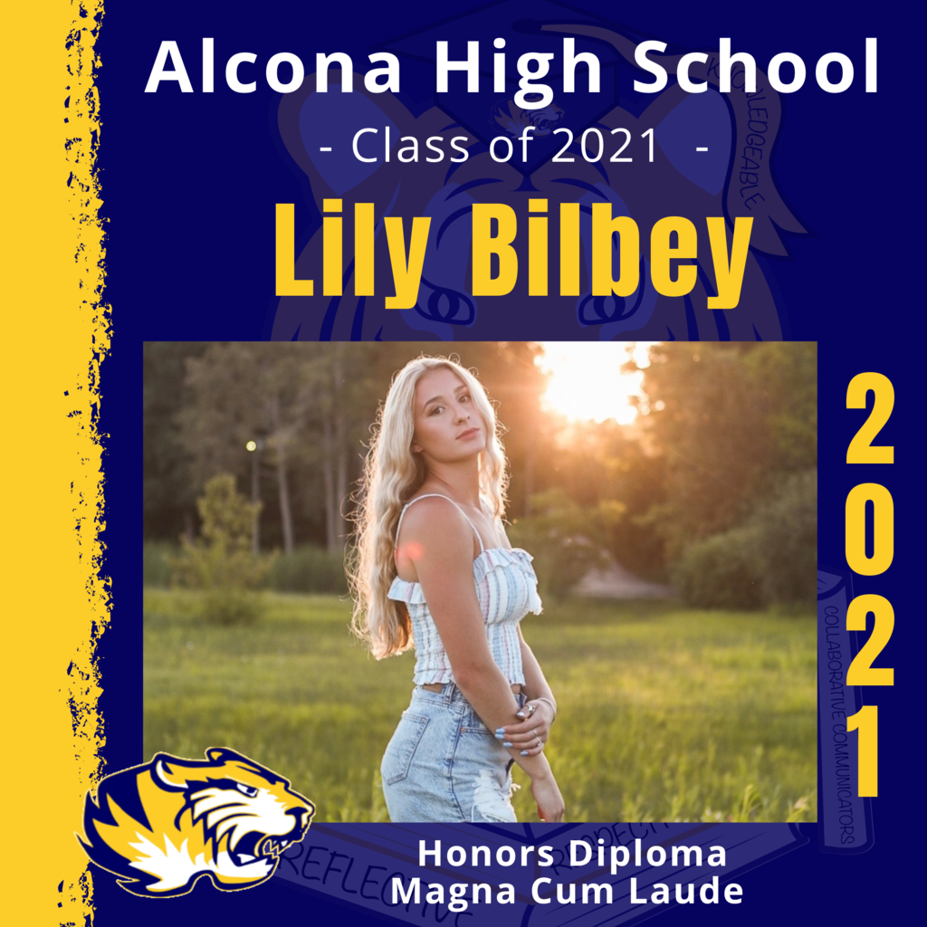 Today’s senior spotlight is Lily Bilbey! Congratulations, Lily! We look forward to seeing what your future holds as an Alcona Alumni. #ACSClassof2021 #SeniorSpotlight #TigerPride #DecisionDay