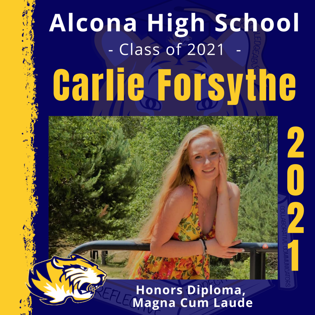 Today’s senior spotlight is Carlie Forsythe! Congratulations, Carlie! We look forward to seeing what your future holds as an Alcona Alumni. #ACSClassof2021 #SeniorSpotlight #TigerPride #DecisionDay