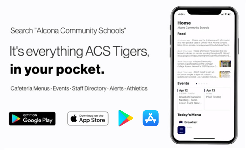 Exciting news! ACS App has been updated! Did you know that through our App you can check the lunch menu, email teachers and staff, see events and add them to your calendar, see school updates live, and more? Search “Alcona Community Schools” in the iPhone App or Google Play Store to start exploring! https://youtu.be/ocKMYkfFFDA