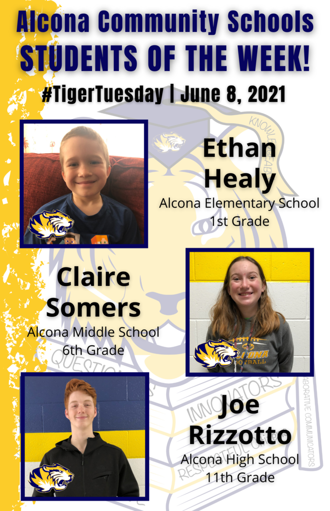 Congratulations to Ethan, Claire, and Joe on being named students of the week! Students are nominated by school staff and selected based on their dedication and commitment to the eight traits of an Alcona graduate. #AlconaPride #TigerTuesday #StudentoftheWeek
