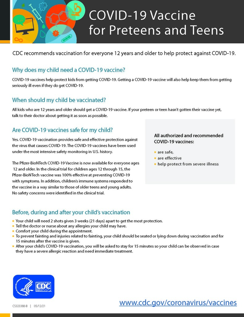 Children 12 and older are now eligible for the COVID-19 vaccine. To schedule your child's vaccine you can phone Alcona Health Center at (989) 736-9819 or reach out to your family's primary care provider or child's pediatrician.