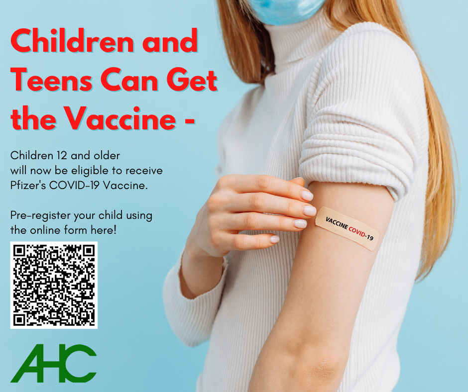 Children 12 and older are now eligible for the COVID-19 vaccine. To schedule your child's vaccine you can phone Alcona Health Center at (989) 736-9819 or reach out to your family's primary care provider or child's pediatrician.