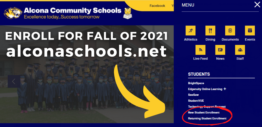 ACS is accepting new and returning students for the 2021-22 school year! Enroll by September 3 for the fall of 2021. To enroll visit alconaschools.net and select new or returning student enrollment under the menu tab. #TigerPride