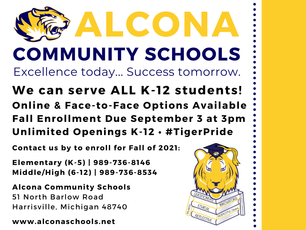 ACS is accepting new and returning students for the 2021-22 school year! To enroll visit alconaschools.net and select new or returning student enrollment under the menu tab. #TigerPride