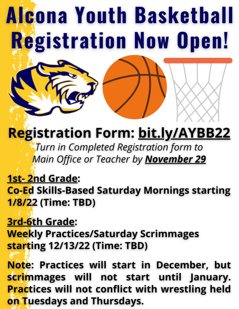 Registration for Alcona Youth Basketball is now open! Turn in your completed registration form to your teacher or the main office by November 29. Alcona Youth Basketball is open to all community youth in grades 1st-6th. Registration forms are available at: bit.ly/AYBB22 #TigerPride #Basketball