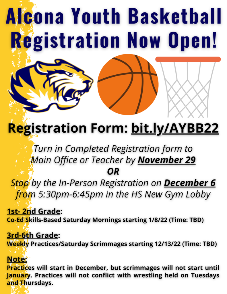 Registration forms for Alcona Youth Basketball are due to the main office or your teacher TODAY! If you are not able to turn in a paper registration form today stop by our in-person registration on Monday, December 6th from 5:30pm-6:45pm in the New Gym Lobby. Registration forms are available at: bit.ly/AYBB22 #TigerPride #Basketball