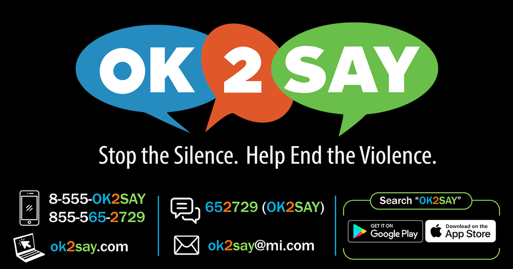 OK2SAY is a student safety program where anyone can report tips confidentially on criminal activities or potential harm directed at students, school employees, or schools. Tips can be submitted 24/7. Text 652729 (OK2SAY) to report a confidential tip. #StoptheSilence