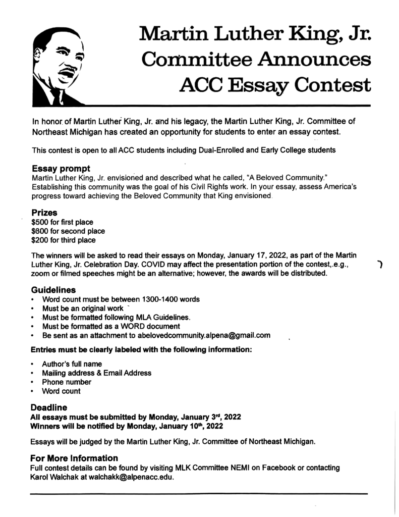 Attention Dual Enrolled and Early College Students: Check out this ACC essay contest in honor of Martin Luther King, Jr. Win up to $500! Essays are due by January 3rd. 
