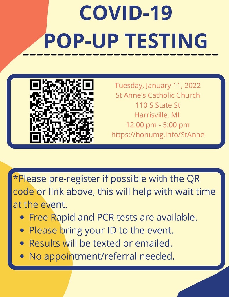 There is FREE COVID-19 pop-up testing available on Tuesday, January 11th at St Anne’s Catholic Church in Harrisville from 12pm-5pm. Pre-register at https://honumg.info/StAnne 