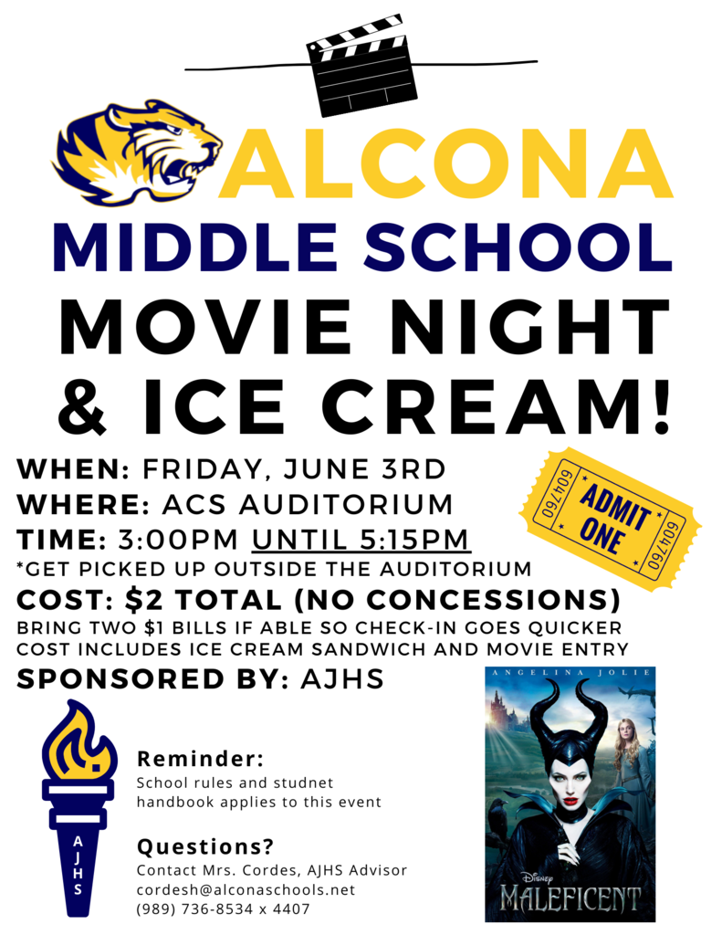 Current middle school students are invited to a movie night on June 3rd! The cost is $2 each. Note there are no concessions, so students should only bring $2 total. Get picked up at 5:15pm outside of the auditorium. This event is sponsored by the Alcona Junior Honor Society. 