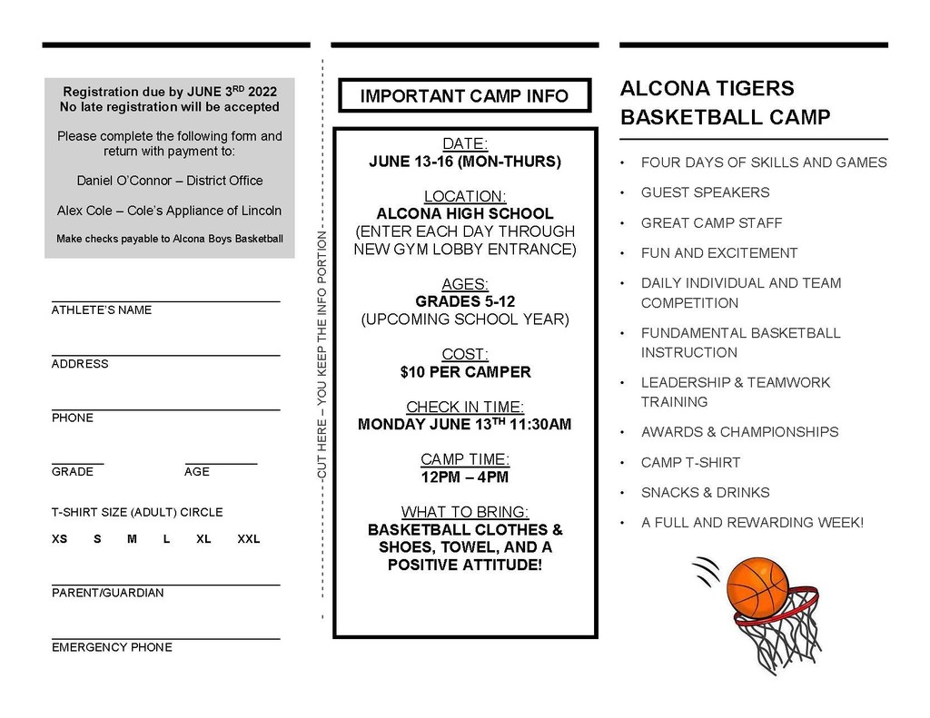 Students in grades 5th-12th for the upcoming school year are invited to attend the Alcona Tigers Basketball Camp June 13-16. Registration forms are due by June 3rd. A PDF registration form is available at: bit.ly/3LyqbIQ #GoTigers
