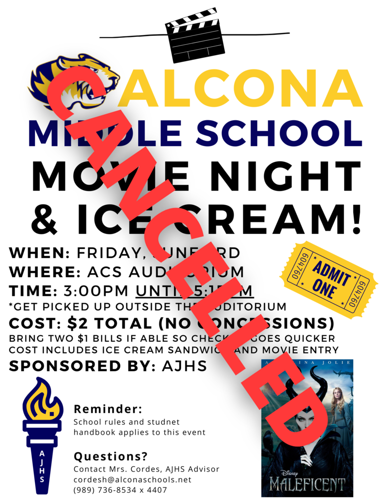 The AJHS middle school movie night scheduled for June 3 has been cancelled. Instead the AJHS will be giving ice cream to all middle school students during lunch. We appreciate your understanding and hope to hold a movie night next school year. If you have any questions please reach out to Mrs. Cordes, AJHS Advisor at cordesh@alconaschools.net or 989-736-8534 x 4407.