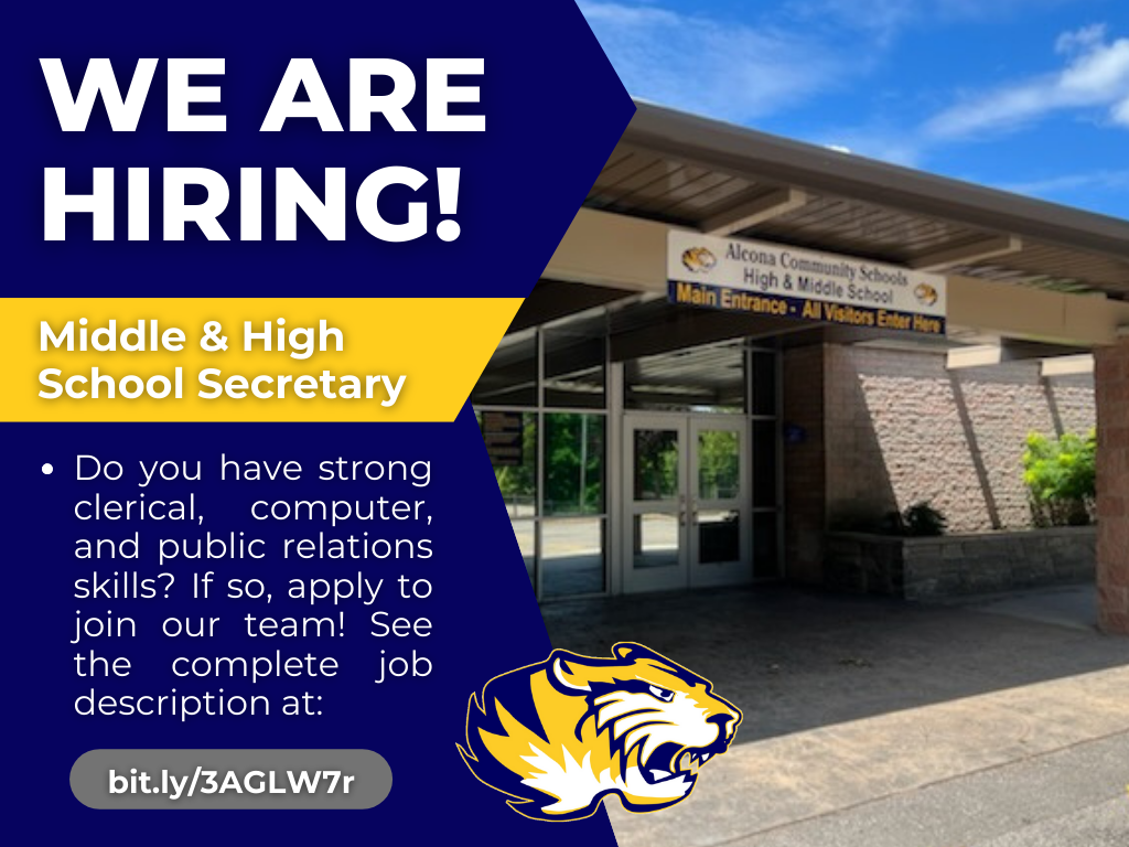 ACS is hiring for a Middle/High School Secretary. Strong clerical, computer skills, and the ability to work with the public are essential. See the complete job description and apply at bit.ly/3AGLW7r Apply online by July 18 at 12pm. #TigerPride #JoinOurTeam
