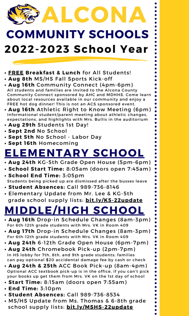 Students and families - here is our 2022-23 school year update! Our welcome back letters and school supply lists are available for K-5 Elementary at bit.ly/K5-22update and 6-12 Middle/High School at bit.ly/MSHS-22update. We are looking forward to seeing students return on August 29th! #TigerPride 