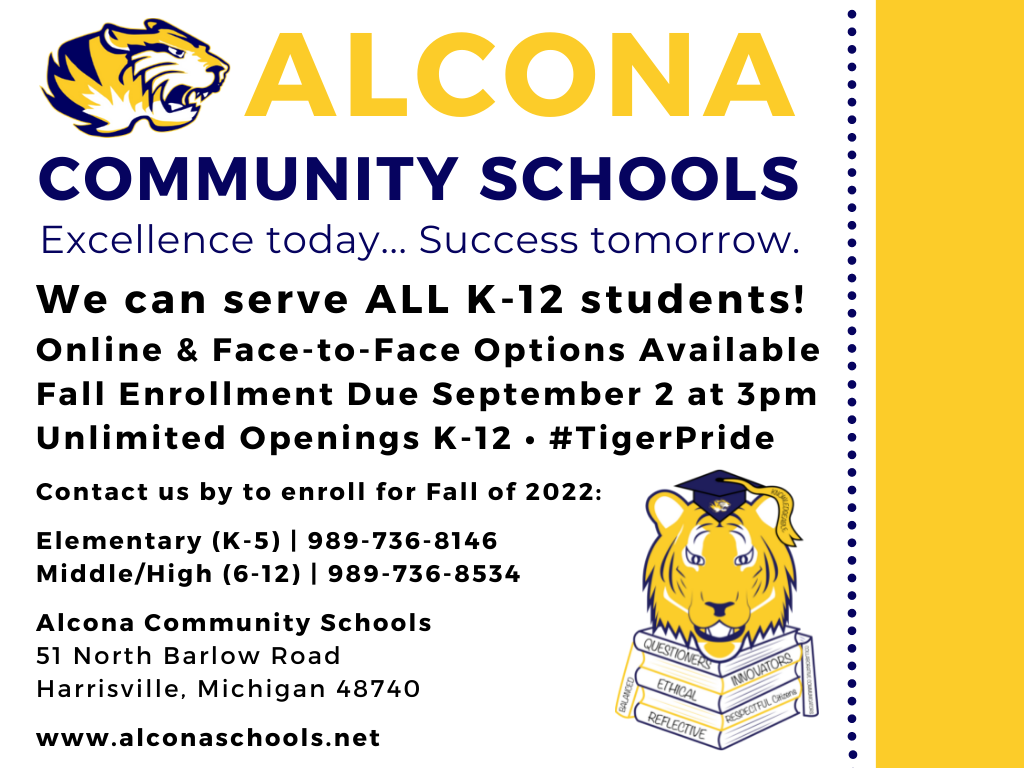 ACS is accepting new and returning students for the 2022-23 school year! Enroll by September 2nd for the fall semester. To enroll visit alconaschools.net and select new or returning student enrollment under the menu tab. #AlconaSchools #TigerPride 