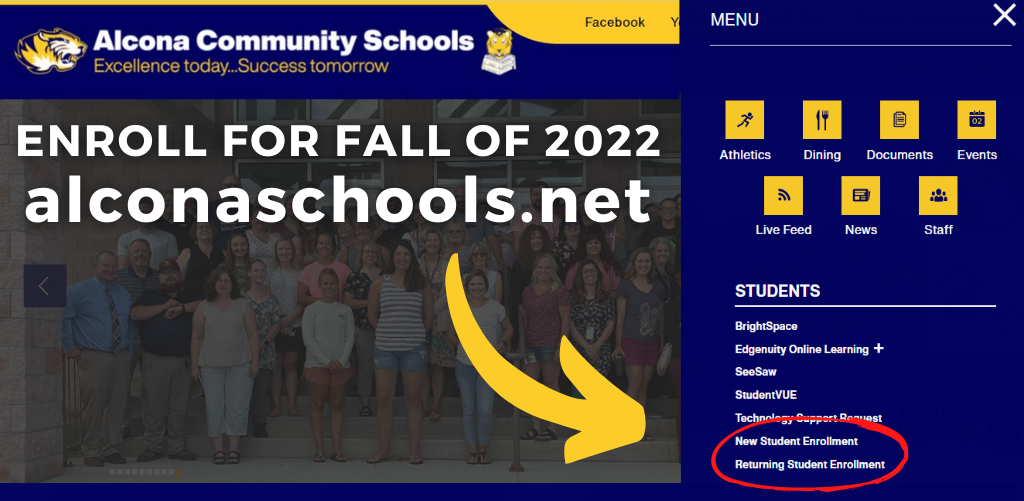 ACS is accepting new and returning students for the 2022-23 school year! Enroll by tomorrow, September 2nd for the fall semester. #AlconaSchools #TigerPride