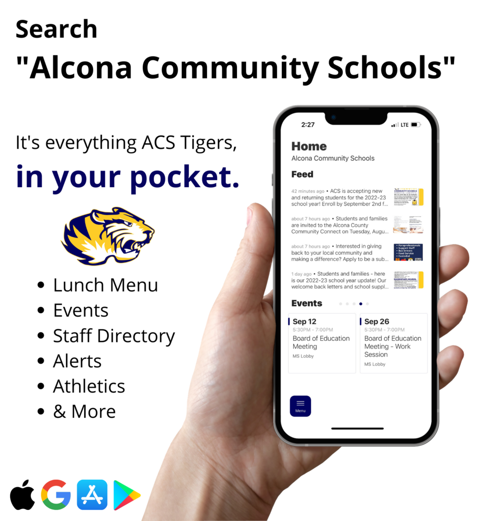Have you downloaded the ACS App? Stay connected with us! #AlconaSchools #TigerPride