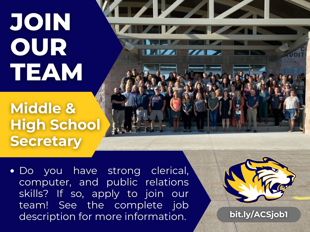 Join our team! We’re hiring for a Middle/High School Secretary. See the complete job description and apply online at bit.ly/ACSjob1 #AlconaSchools #TigerPride #JoinOurTeam