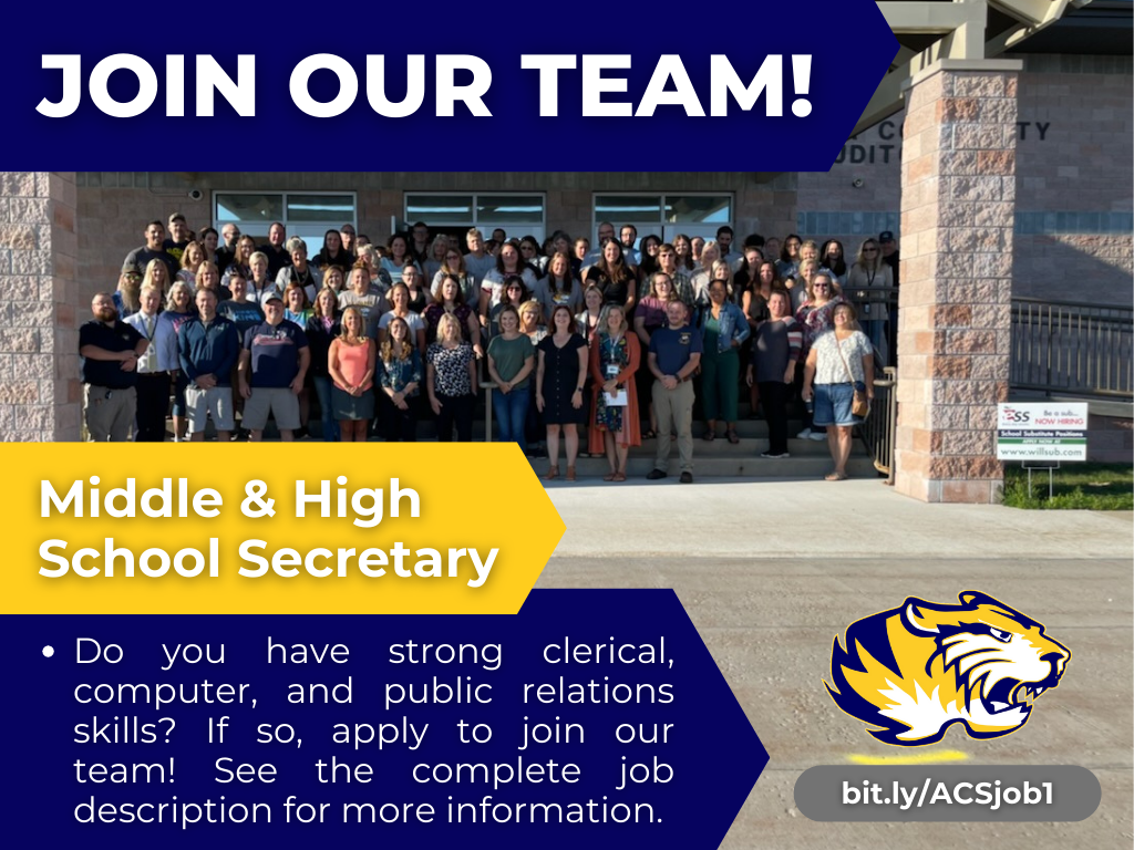 We’re hiring for a Middle/High School Secretary. See the complete job description and apply online at bit.ly/ACSjob1 #AlconaSchools #TigerPride #JoinOurTeam