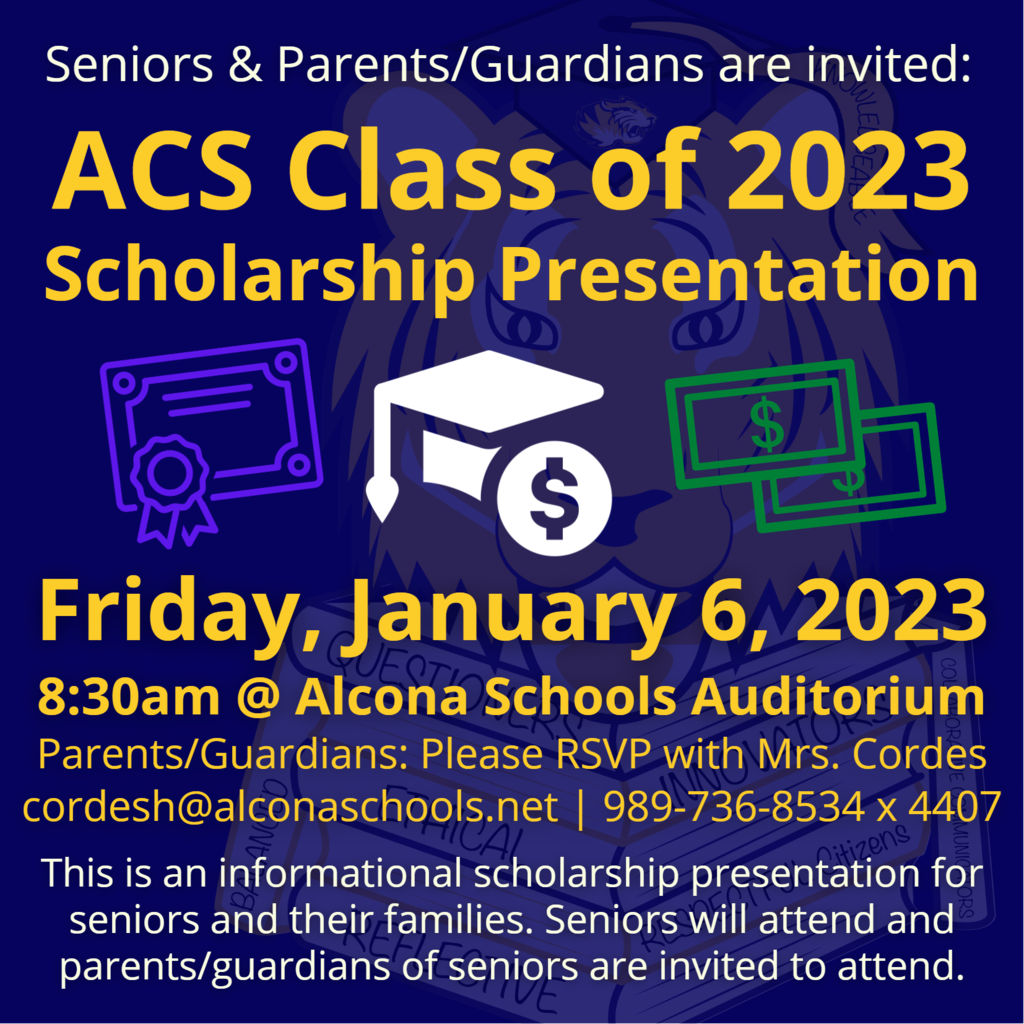 Reminder: Seniors and families are invited to the Class of 2023 Senior Scholarship Presentation on Friday, January 6, 2023 at 8:30am. More information has been sent to senior students and their families via email. 