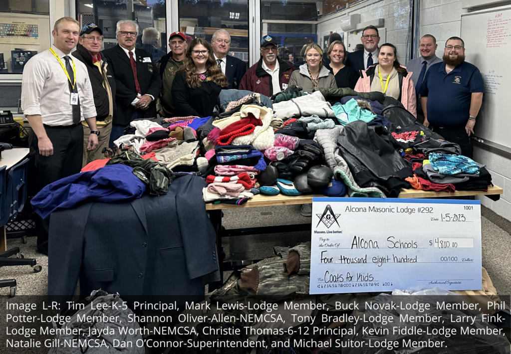 Today the Alcona Masonic Lodge #292 F&AM presented a check for $4,800 to Alcona Community Schools for the Coats for Kids program. These funds will help purchase clothing and essentials for students in need. The Masonic Lodge also provided 296 pieces of clothing and footwear to students in need; including 42 winter jackets, 19 pairs of boots, 75 shirts, 26 sweaters, 26 pairs of winter gloves, and more. ACS would like to give a special thank you to the Alcona Masonic Lodge and to Dennis and Sheryl Smith for coordinating and making this year’s coats for kids drive such a success. #ThankYou #TigerPride 