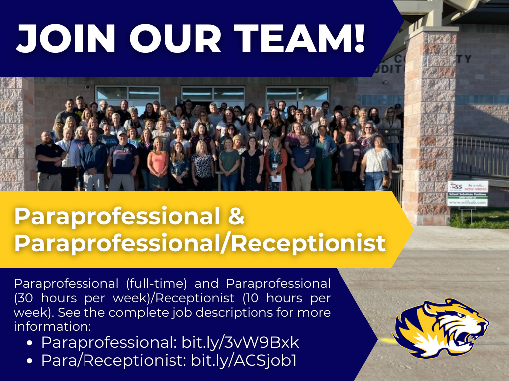 We are hiring for multiple positions! Check out the position descriptions at: Paraprofessional (bit.ly/3vW9Bxk) and Paraprofessional/Receptionist (bit.ly/ACSjob1). #AlconaSchools #TigerPride #JoinOurTeam 