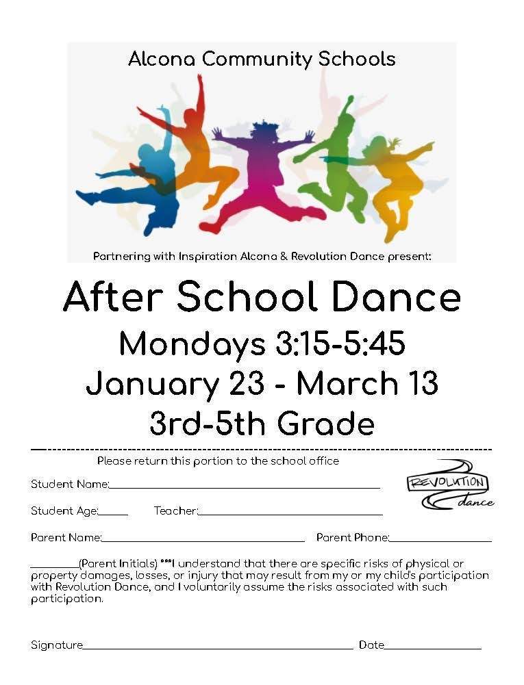 Check out this FREE after school dance class opportunity at Alcona Elementary! All students in 3rd-5th grade are invited to participate. Permission slips are available at the office or a printable permission slip is available at: bit.ly/3CTnW1q Turn in permission slips to the Elementary office. #AlconaSchools #TigerPride