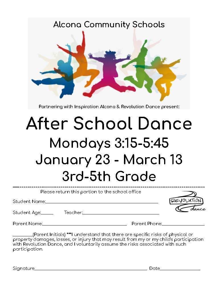 The free after school dance classes for students in 3rd-5th grade kicks off today! There is still time to register. Permission slips are available at the office or a printable permission slip is available at: bit.ly/3CTnW1q #AlconaSchools #TigerPride