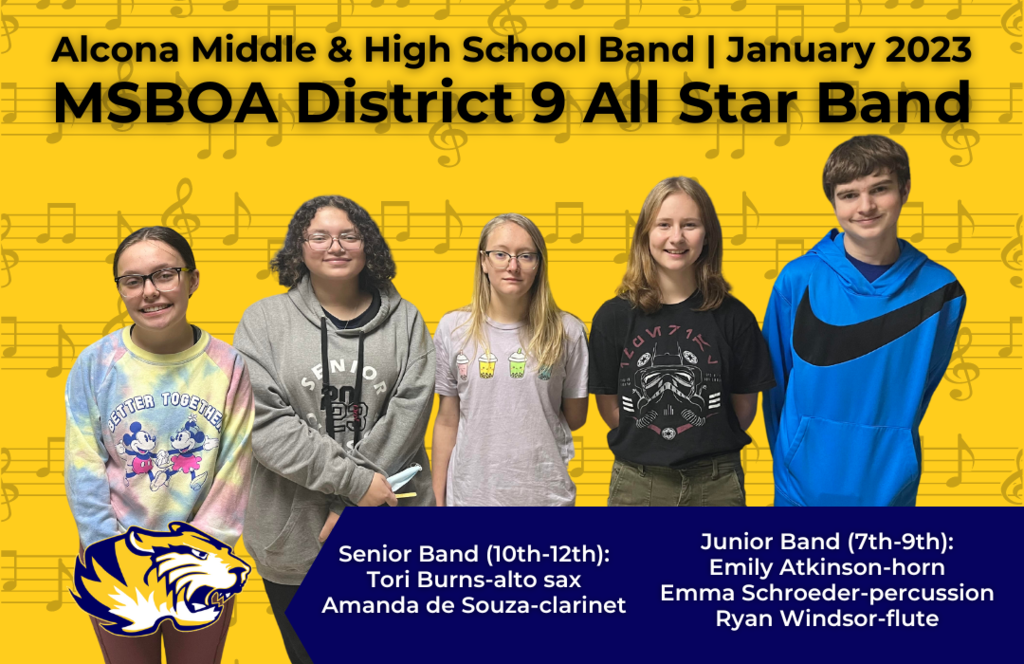 The Michigan School Band and Orchestra Association District 9 All Star Band concert is tomorrow, Saturday, January 28, 2023 at 2pm at Alpena High School. Join us in celebrating the five Alcona Middle and High School Band members for being selected to serve on the All Star Band! #AlconaSchools #TigerPride 