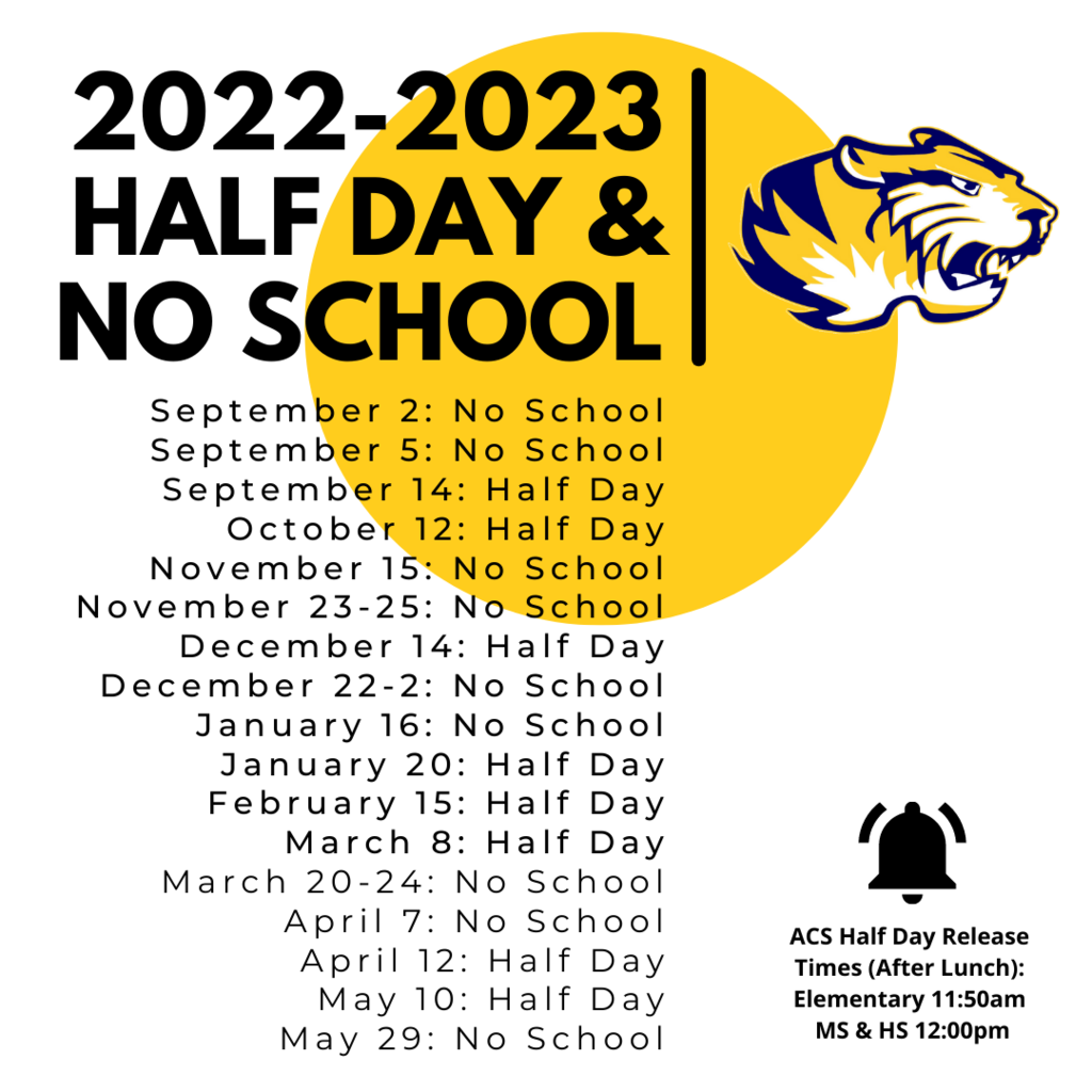 Reminder - Tomorrow, Friday, January 20th is a half day for students. Elementary students are released at 11:50am and Middle/High School students are released at 12pm. To see our master calendar for the 2022-23 school year visit: bit.ly/3dej8d9 