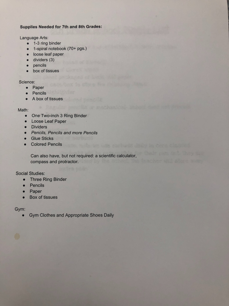 7th and 8th grade supply list.