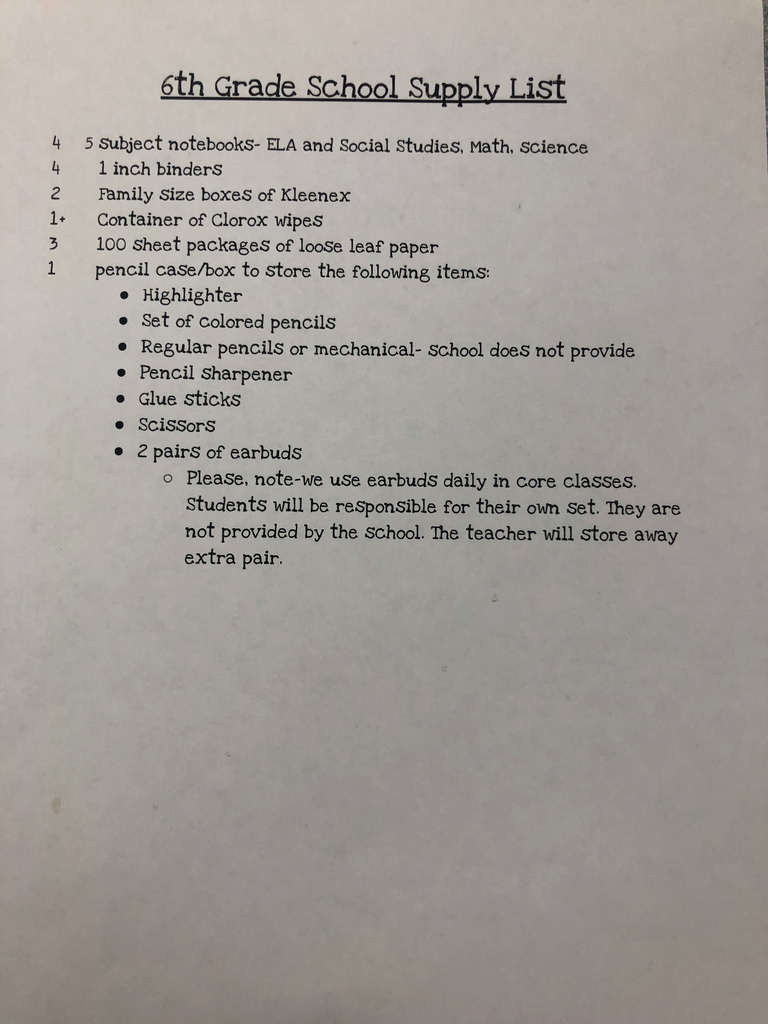 6th grade supply list.