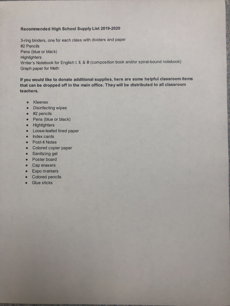 High school supply list