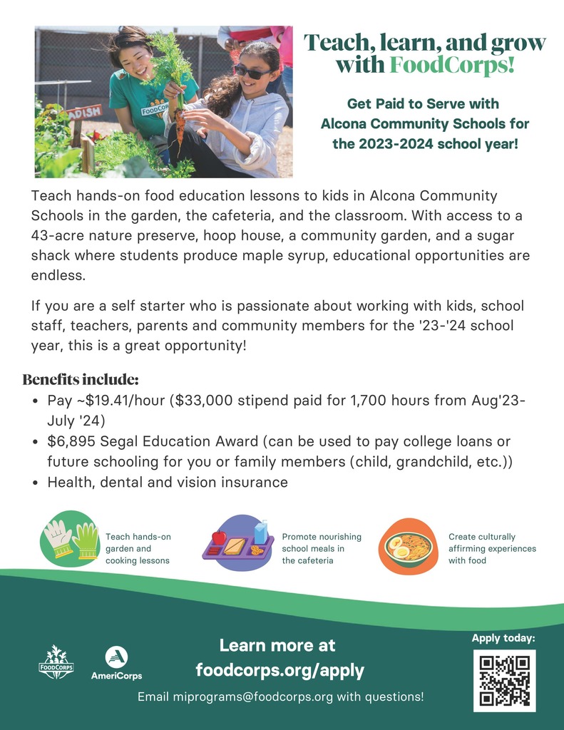 Teach, learn, and grow with FoodCorps! Get paid to serve with ACS for the 2023-24 school year! #AlconaSchools #TigerPride #JoinOurTeam