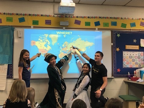 3rd graders had a special presentation today from foreign exchange students Slava, Nurzhamal and Muslim. Our international students educated 3rd graders on their culture, local traditions, language, music, and food.  